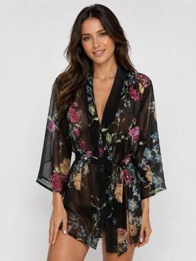 Helena Quinn Floral Sheer Kimono Robe Cover Up Black Rose Print Belted One Size